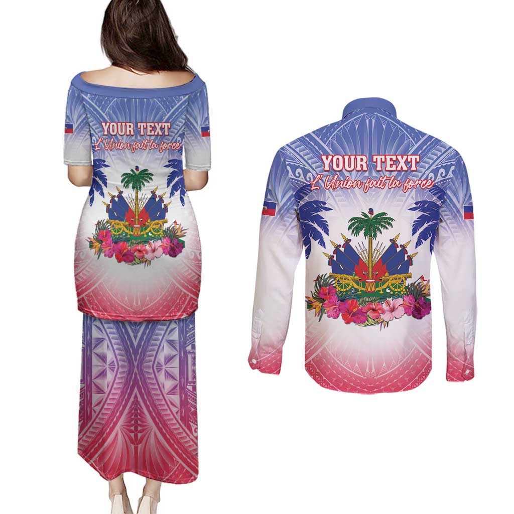 Personalised Haiti Independence Day Couples Matching Puletasi and Long Sleeve Button Shirt Neg Maron Polynesian Style LT05 - Polynesian Pride
