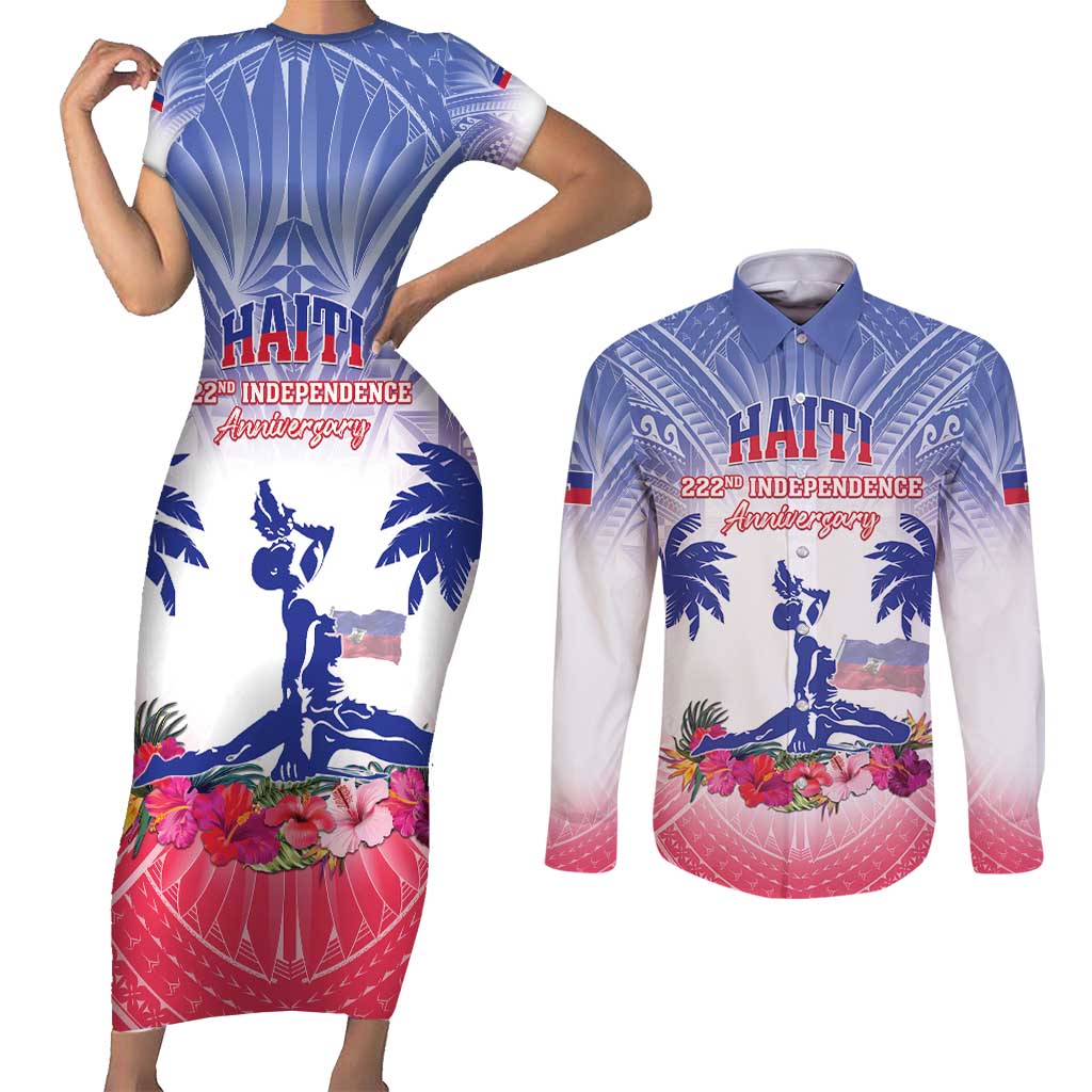 Personalised Haiti Independence Day Couples Matching Short Sleeve Bodycon Dress and Long Sleeve Button Shirt Neg Maron Polynesian Style LT05 Blue - Polynesian Pride