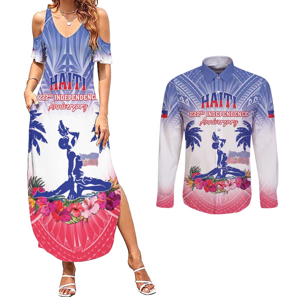 Personalised Haiti Independence Day Couples Matching Summer Maxi Dress and Long Sleeve Button Shirt Neg Maron Polynesian Style LT05 Blue - Polynesian Pride