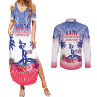 Personalised Haiti Independence Day Couples Matching Summer Maxi Dress and Long Sleeve Button Shirt Neg Maron Polynesian Style LT05 Blue - Polynesian Pride