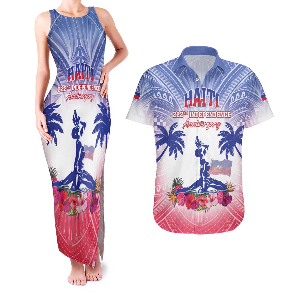 Personalised Haiti Independence Day Couples Matching Tank Maxi Dress and Hawaiian Shirt Neg Maron Polynesian Style LT05 Blue - Polynesian Pride