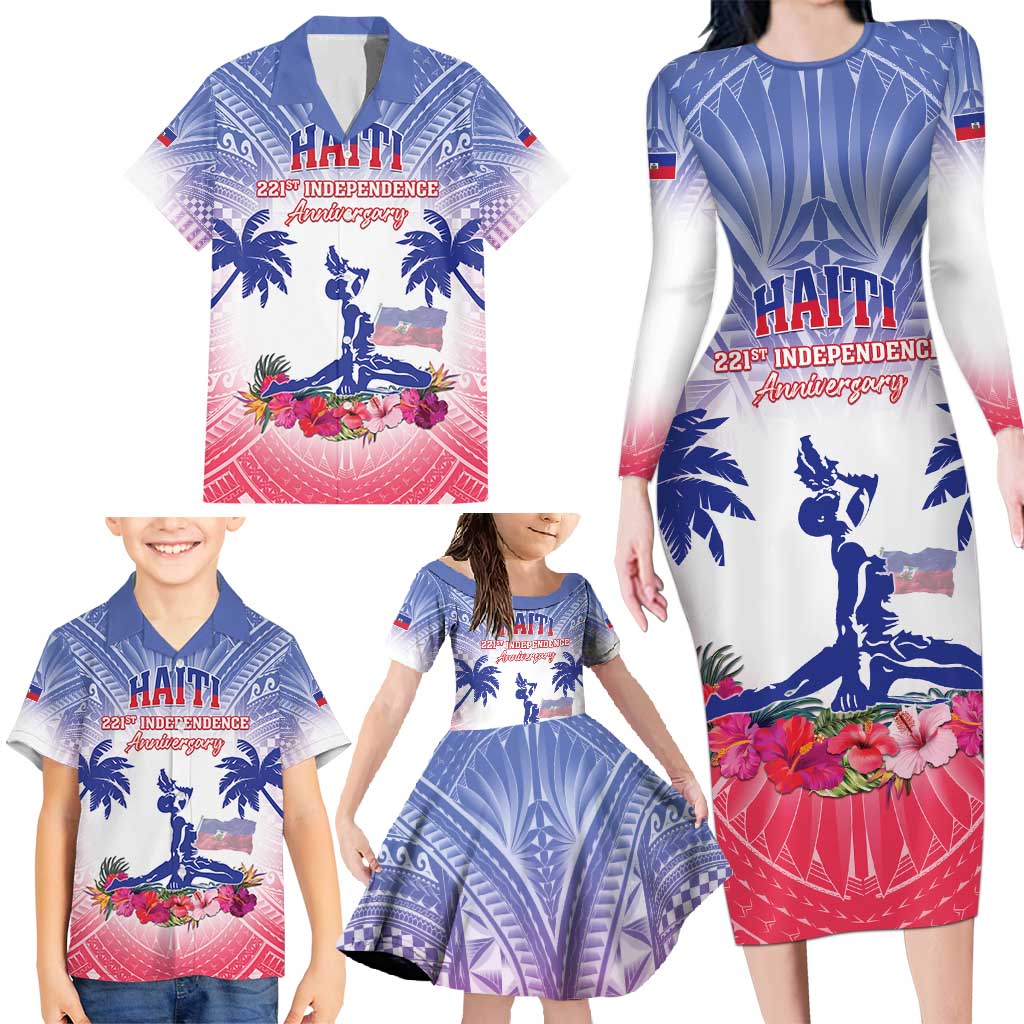 Personalised Haiti Independence Day Family Matching Long Sleeve Bodycon Dress and Hawaiian Shirt Neg Maron Polynesian Style LT05