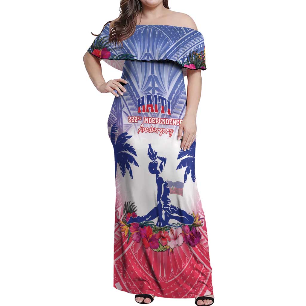 Personalised Haiti Independence Day Off Shoulder Maxi Dress Neg Maron Polynesian Style LT05 - Polynesian Pride