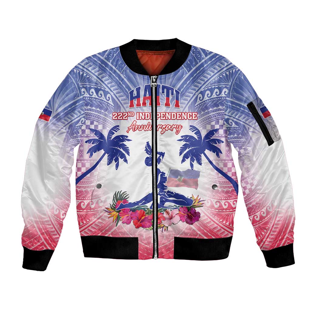 Personalised Haiti Independence Day Sleeve Zip Bomber Jacket Neg Maron Polynesian Style LT05 Unisex Blue - Polynesian Pride