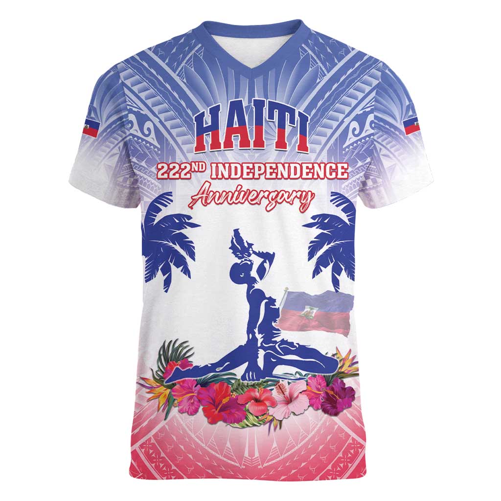 Personalised Haiti Independence Day Women V-Neck T-Shirt Neg Maron Polynesian Style LT05 Female Blue - Polynesian Pride