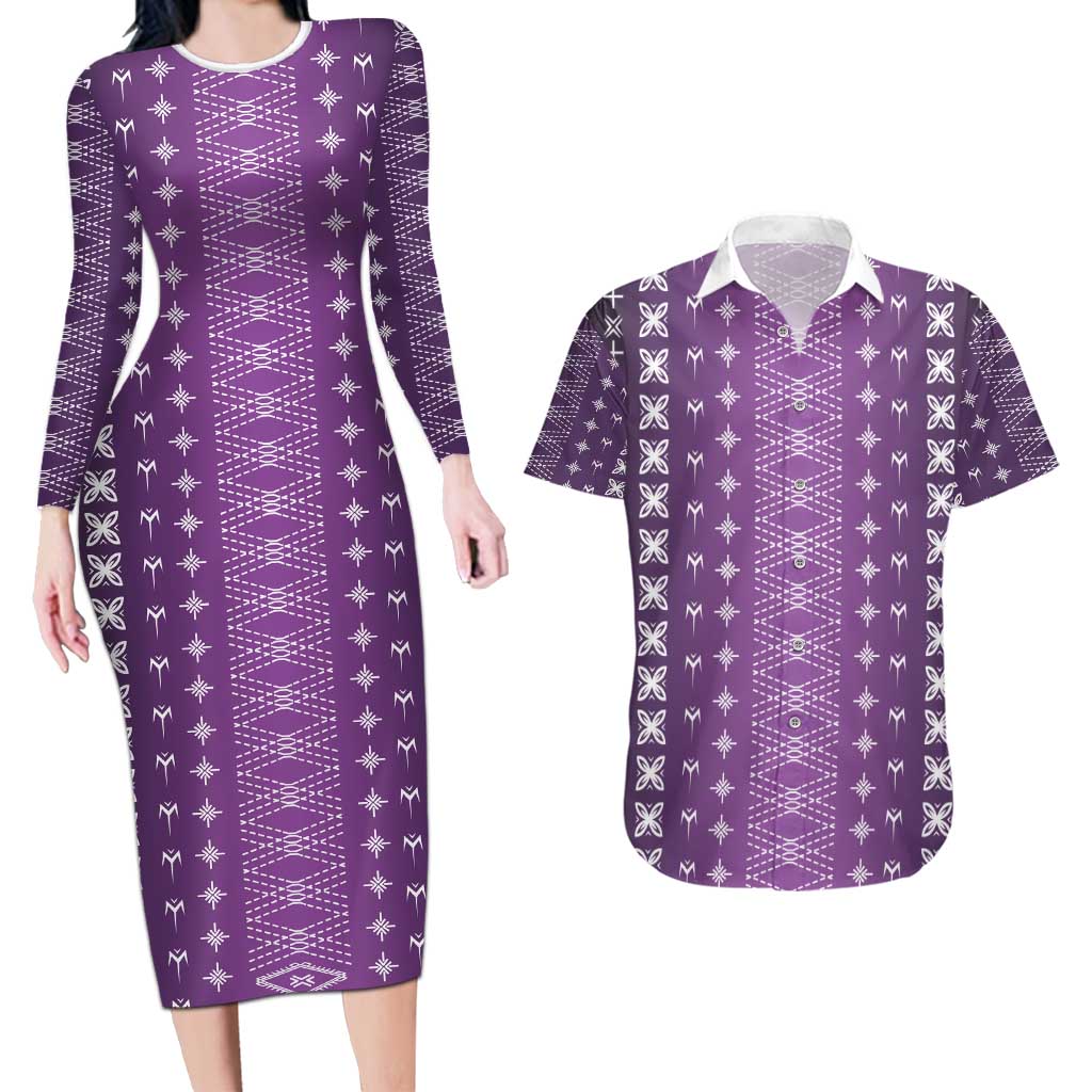 Purple Samoa Malu Tattoo Inspired Couples Matching Long Sleeve Bodycon Dress and Hawaiian Shirt - Polynesian Pride