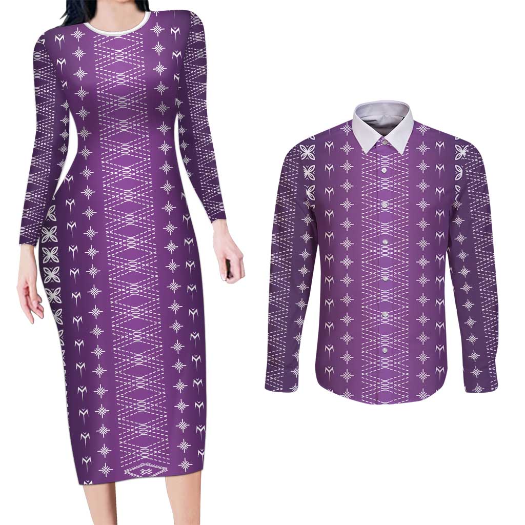 Purple Samoa Malu Tattoo Inspired Couples Matching Long Sleeve Bodycon Dress and Long Sleeve Button Shirt LT05 Purple - Polynesian Pride