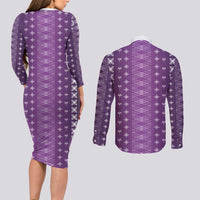 Purple Samoa Malu Tattoo Inspired Couples Matching Long Sleeve Bodycon Dress and Long Sleeve Button Shirt LT05 - Polynesian Pride