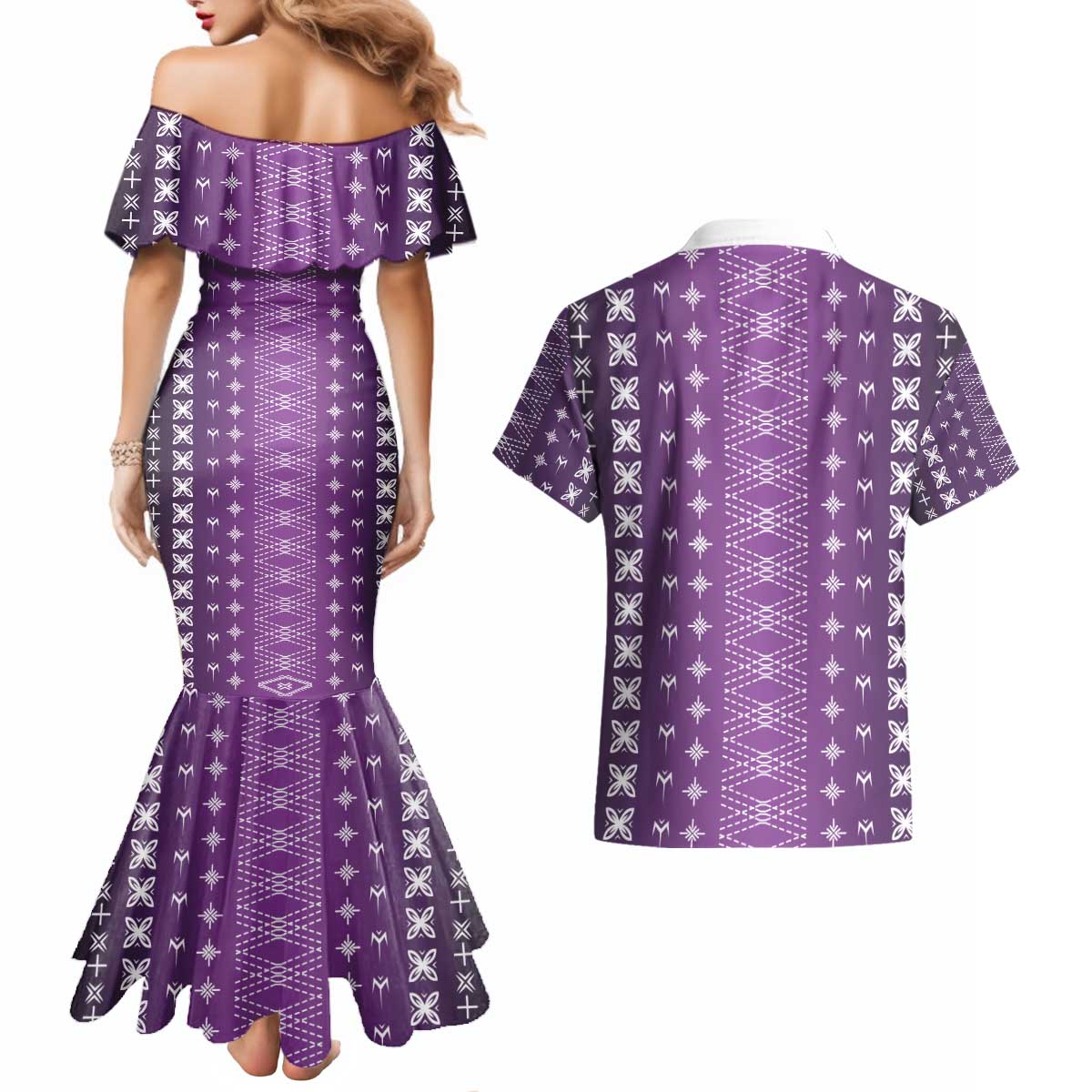Purple Samoa Malu Tattoo Inspired Couples Matching Mermaid Dress and Hawaiian Shirt - Polynesian Pride