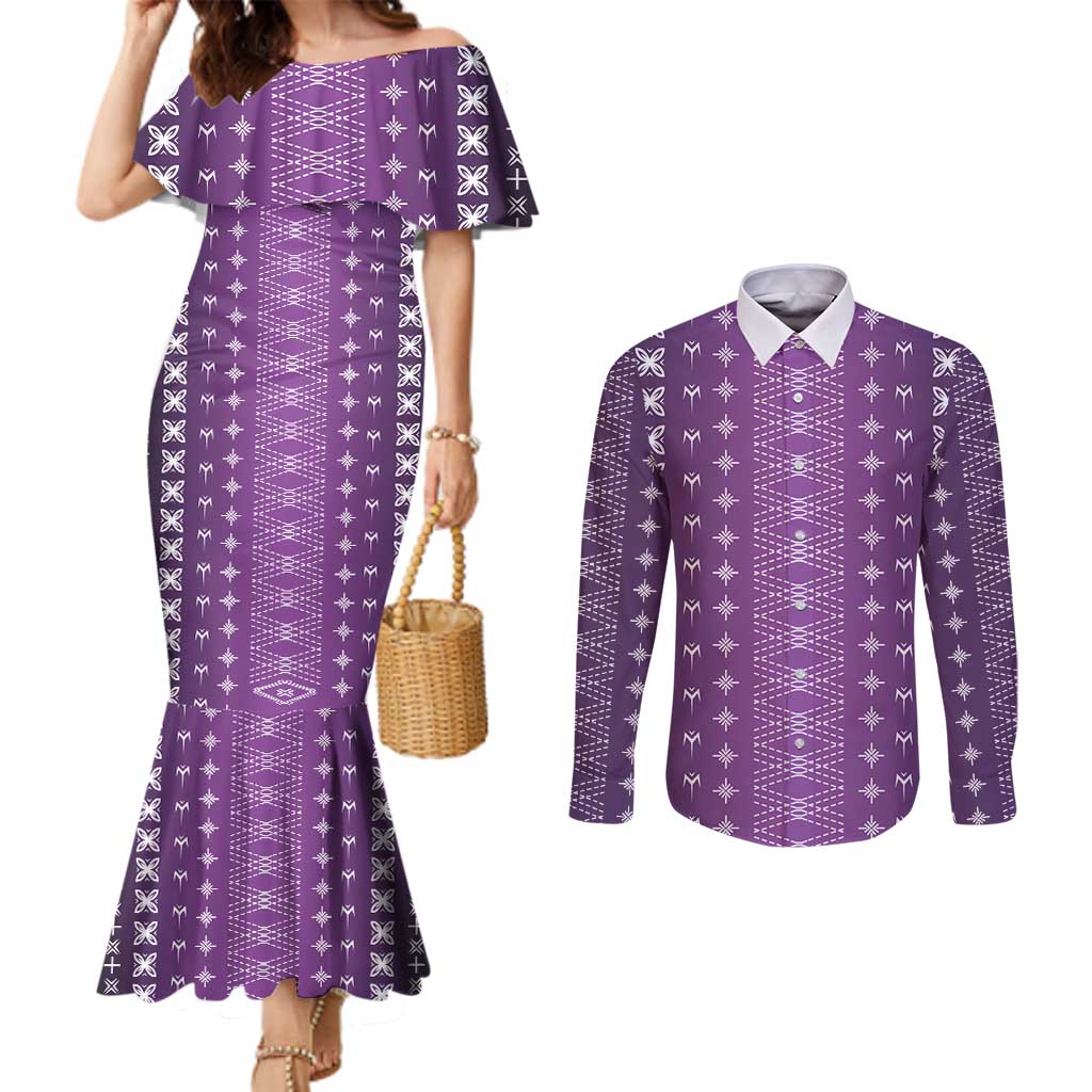 Purple Samoa Malu Tattoo Inspired Couples Matching Mermaid Dress and Long Sleeve Button Shirt LT05 Purple - Polynesian Pride