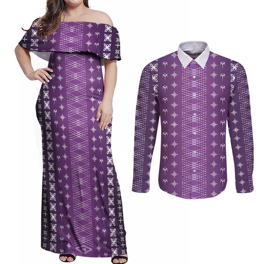 Purple Samoa Malu Tattoo Inspired Couples Matching Off Shoulder Maxi Dress and Long Sleeve Button Shirt LT05 Purple - Polynesian Pride