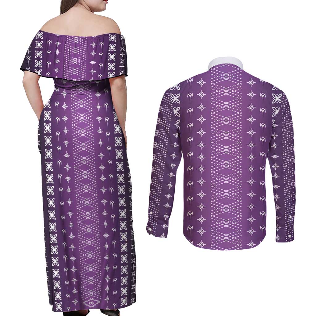 Purple Samoa Malu Tattoo Inspired Couples Matching Off Shoulder Maxi Dress and Long Sleeve Button Shirt LT05 - Polynesian Pride