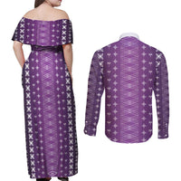 Purple Samoa Malu Tattoo Inspired Couples Matching Off Shoulder Maxi Dress and Long Sleeve Button Shirt LT05 - Polynesian Pride