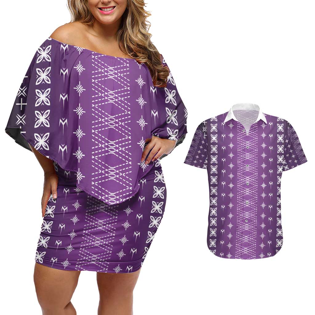 Purple Samoa Malu Tattoo Inspired Couples Matching Off Shoulder Short Dress and Hawaiian Shirt - Polynesian Pride