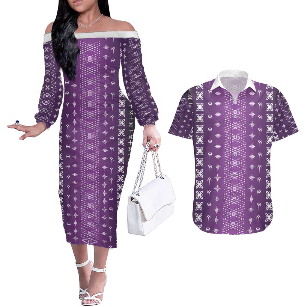 Purple Samoa Malu Tattoo Inspired Couples Matching Off The Shoulder Long Sleeve Dress and Hawaiian Shirt - Polynesian Pride