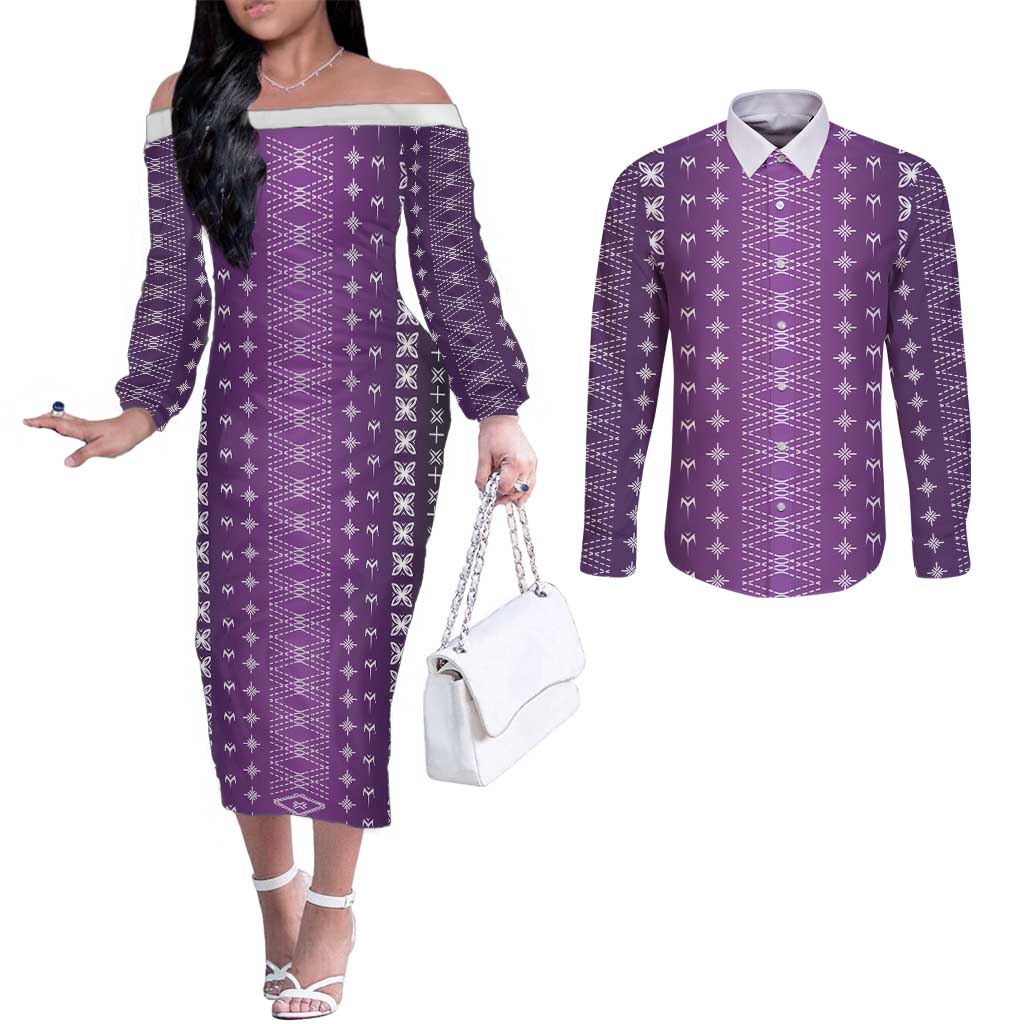 Purple Samoa Malu Tattoo Inspired Couples Matching Off The Shoulder Long Sleeve Dress and Long Sleeve Button Shirt LT05 Purple - Polynesian Pride