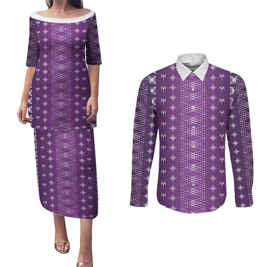 Purple Samoa Malu Tattoo Inspired Couples Matching Puletasi and Long Sleeve Button Shirt LT05 Purple - Polynesian Pride