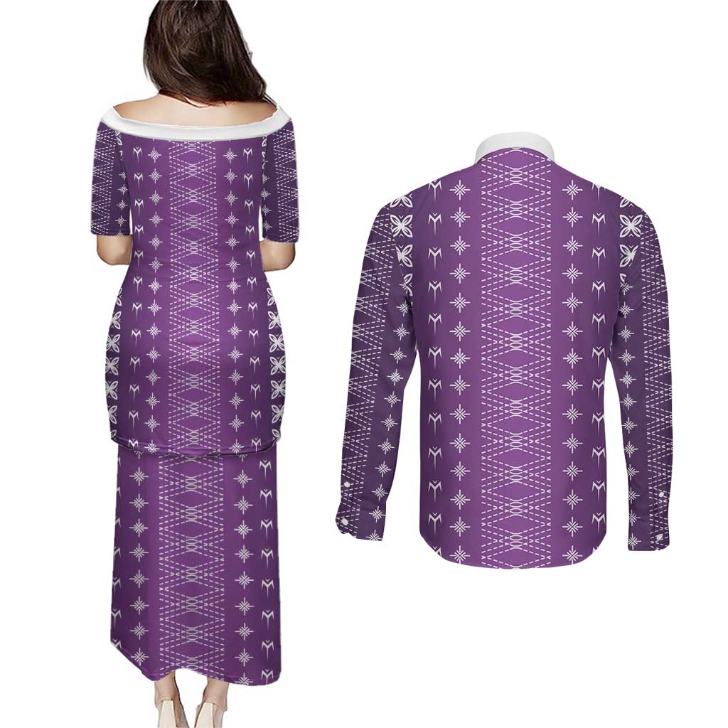 Purple Samoa Malu Tattoo Inspired Couples Matching Puletasi and Long Sleeve Button Shirt LT05 - Polynesian Pride