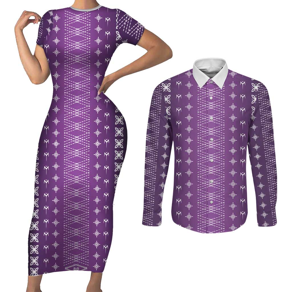 Purple Samoa Malu Tattoo Inspired Couples Matching Short Sleeve Bodycon Dress and Long Sleeve Button Shirt LT05 Purple - Polynesian Pride