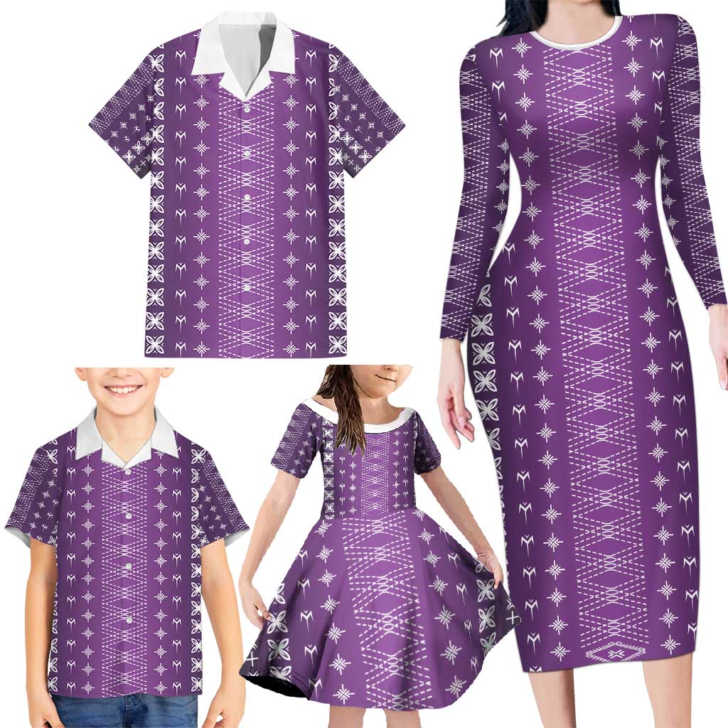 Purple Samoa Malu Tattoo Inspired Family Matching Long Sleeve Bodycon Dress and Hawaiian Shirt - Polynesian Pride