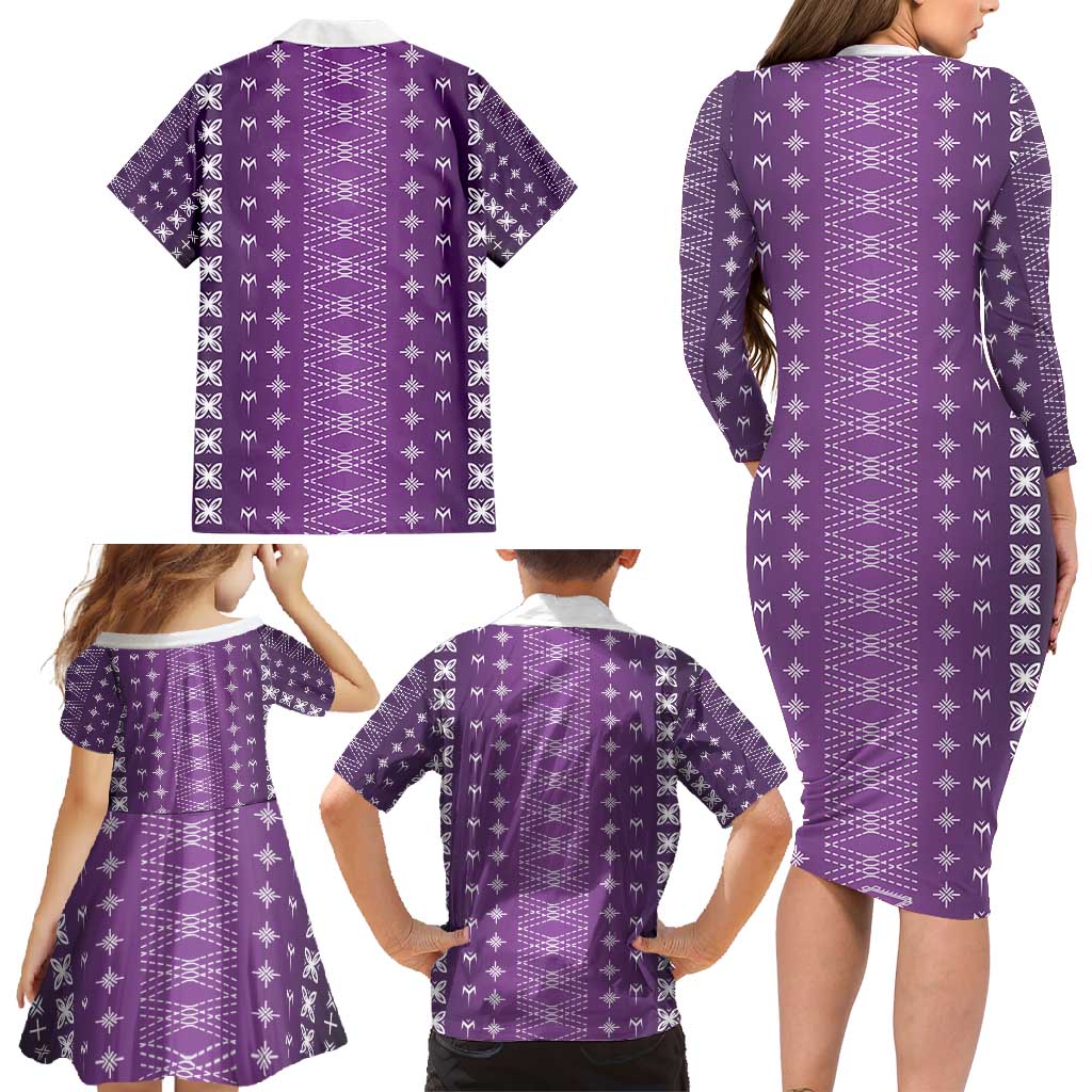 Purple Samoa Malu Tattoo Inspired Family Matching Long Sleeve Bodycon Dress and Hawaiian Shirt - Polynesian Pride