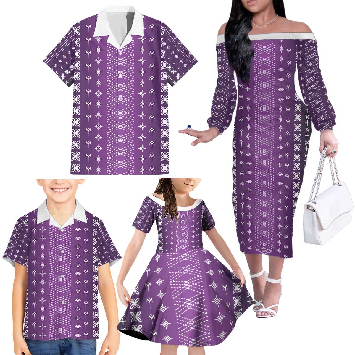 Purple Samoa Malu Tattoo Inspired Family Matching Off The Shoulder Long Sleeve Dress and Hawaiian Shirt - Polynesian Pride