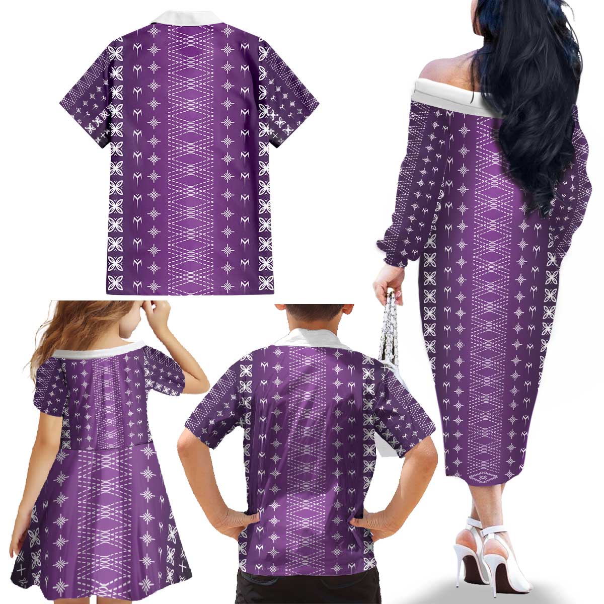 Purple Samoa Malu Tattoo Inspired Family Matching Off The Shoulder Long Sleeve Dress and Hawaiian Shirt - Polynesian Pride