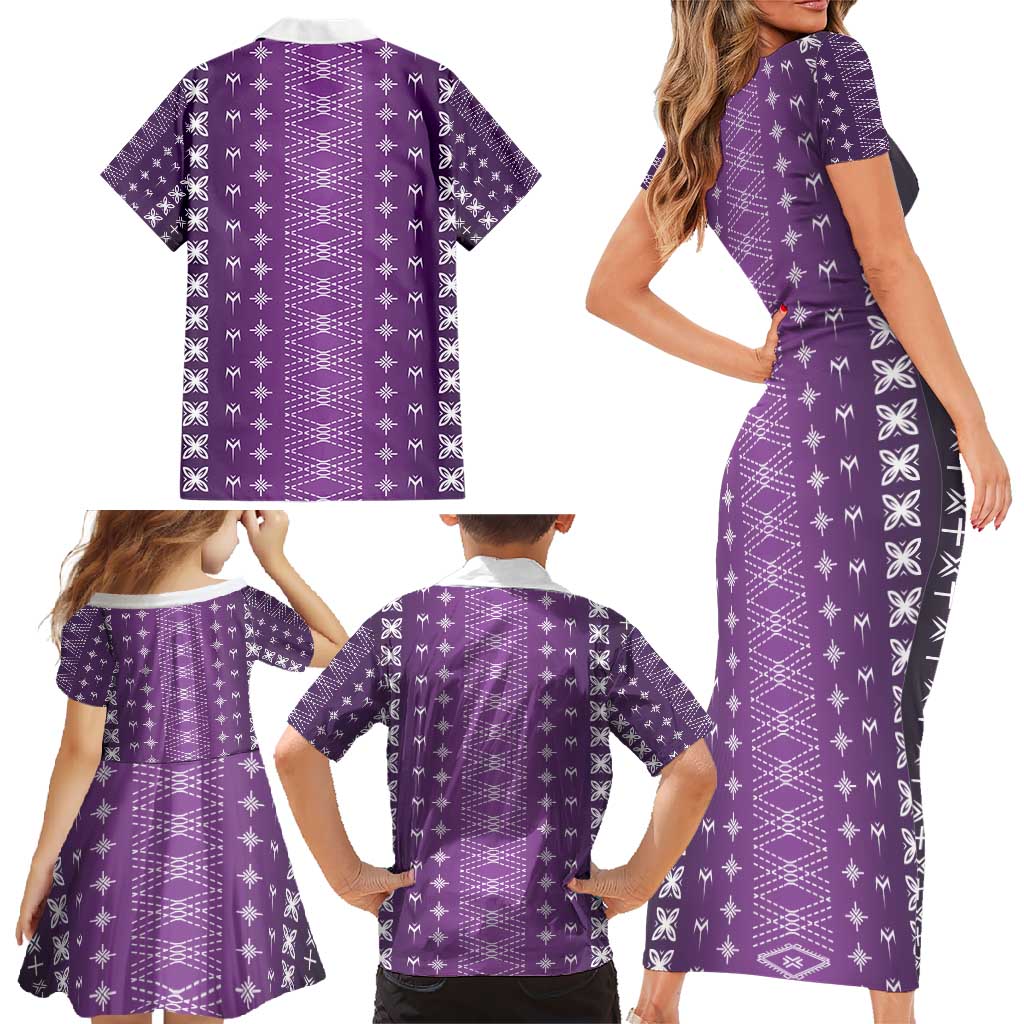 Purple Samoa Malu Tattoo Inspired Family Matching Short Sleeve Bodycon Dress and Hawaiian Shirt - Polynesian Pride