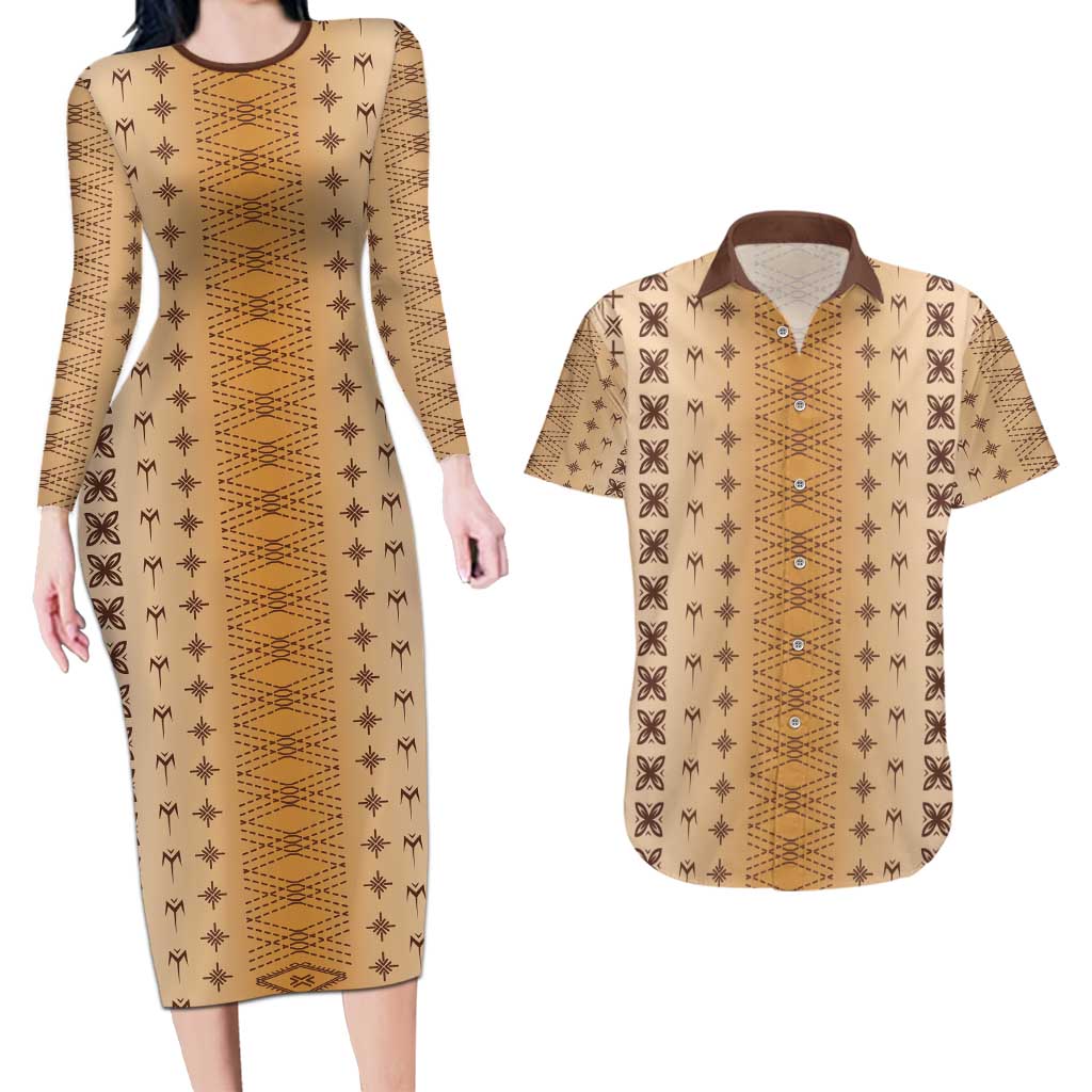 Beige Samoa Malu Tattoo Inspired Couples Matching Long Sleeve Bodycon Dress and Hawaiian Shirt - Polynesian Pride