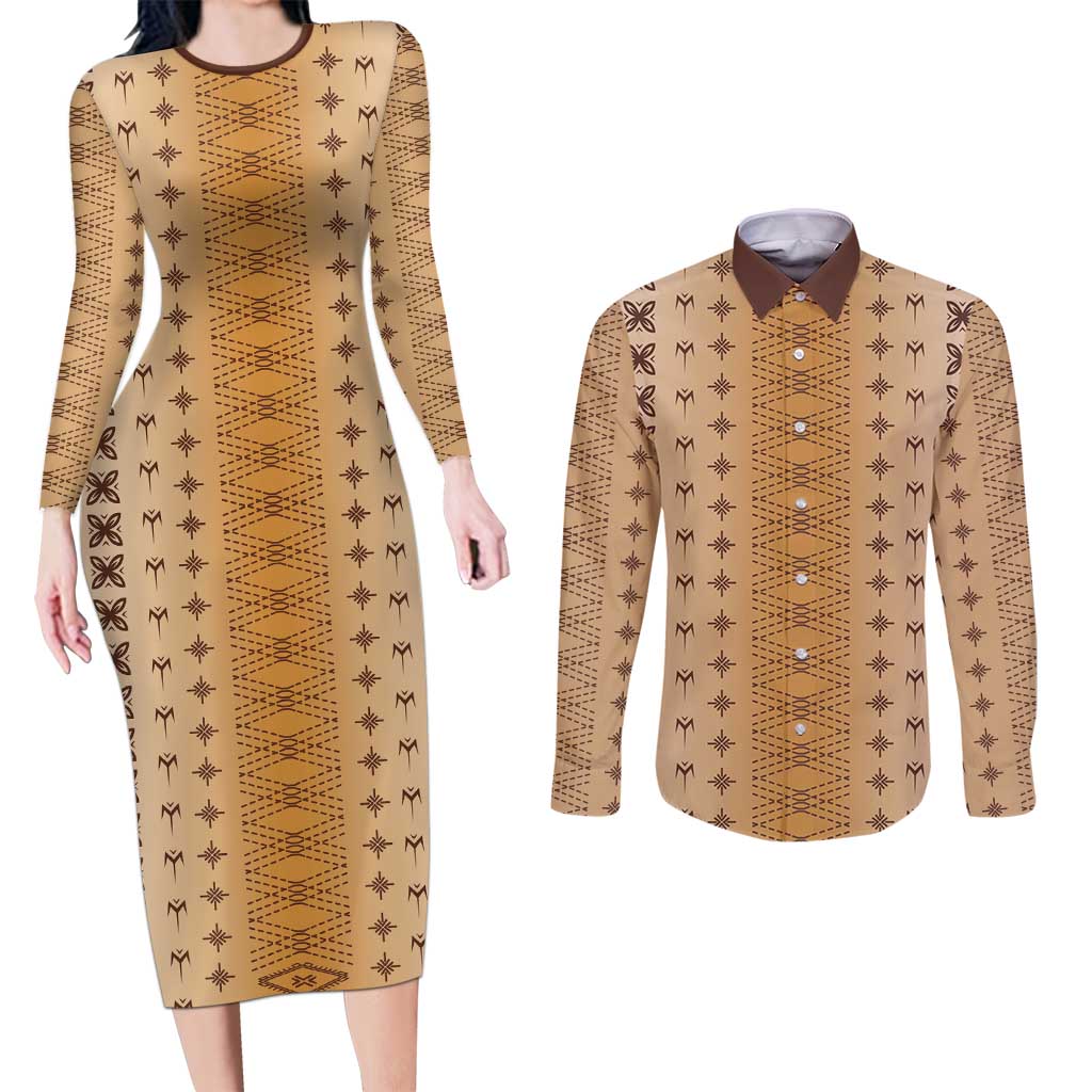 Beige Samoa Malu Tattoo Inspired Couples Matching Long Sleeve Bodycon Dress and Long Sleeve Button Shirt LT05 Beige - Polynesian Pride