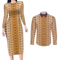 Beige Samoa Malu Tattoo Inspired Couples Matching Long Sleeve Bodycon Dress and Long Sleeve Button Shirt LT05 Beige - Polynesian Pride