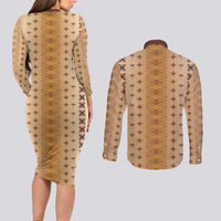 Beige Samoa Malu Tattoo Inspired Couples Matching Long Sleeve Bodycon Dress and Long Sleeve Button Shirt LT05 - Polynesian Pride