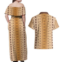 Beige Samoa Malu Tattoo Inspired Couples Matching Off Shoulder Maxi Dress and Hawaiian Shirt - Polynesian Pride