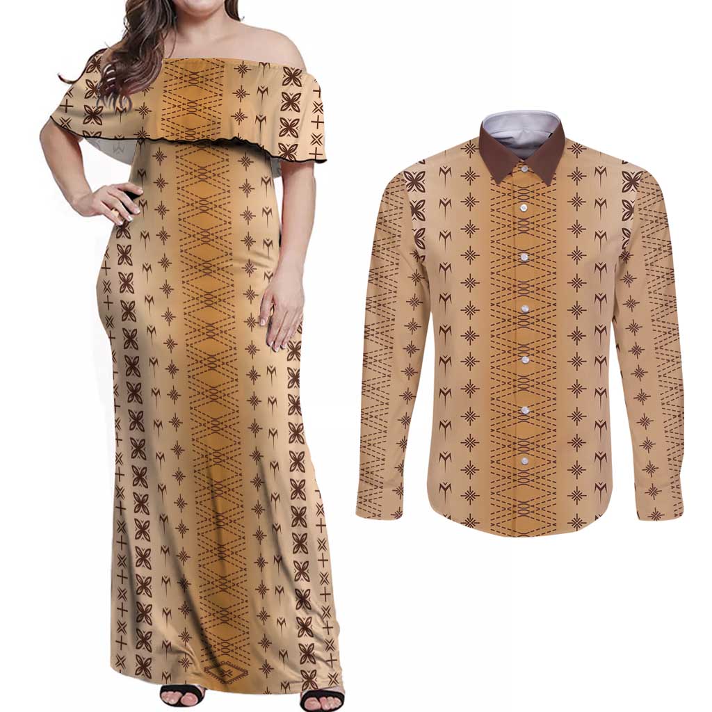 Beige Samoa Malu Tattoo Inspired Couples Matching Off Shoulder Maxi Dress and Long Sleeve Button Shirt - Polynesian Pride