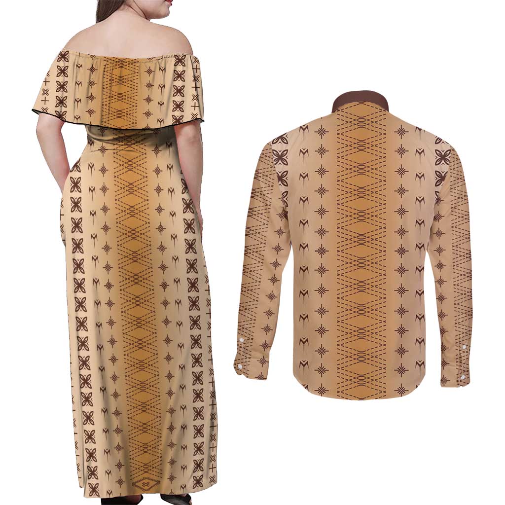 Beige Samoa Malu Tattoo Inspired Couples Matching Off Shoulder Maxi Dress and Long Sleeve Button Shirt - Polynesian Pride