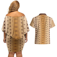 Beige Samoa Malu Tattoo Inspired Couples Matching Off Shoulder Short Dress and Hawaiian Shirt - Polynesian Pride