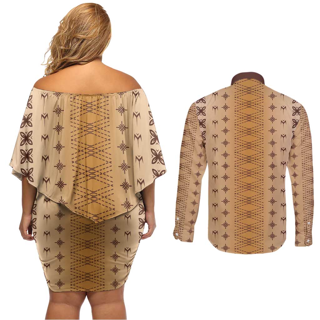 Beige Samoa Malu Tattoo Inspired Couples Matching Off Shoulder Short Dress and Long Sleeve Button Shirt LT05 - Polynesian Pride