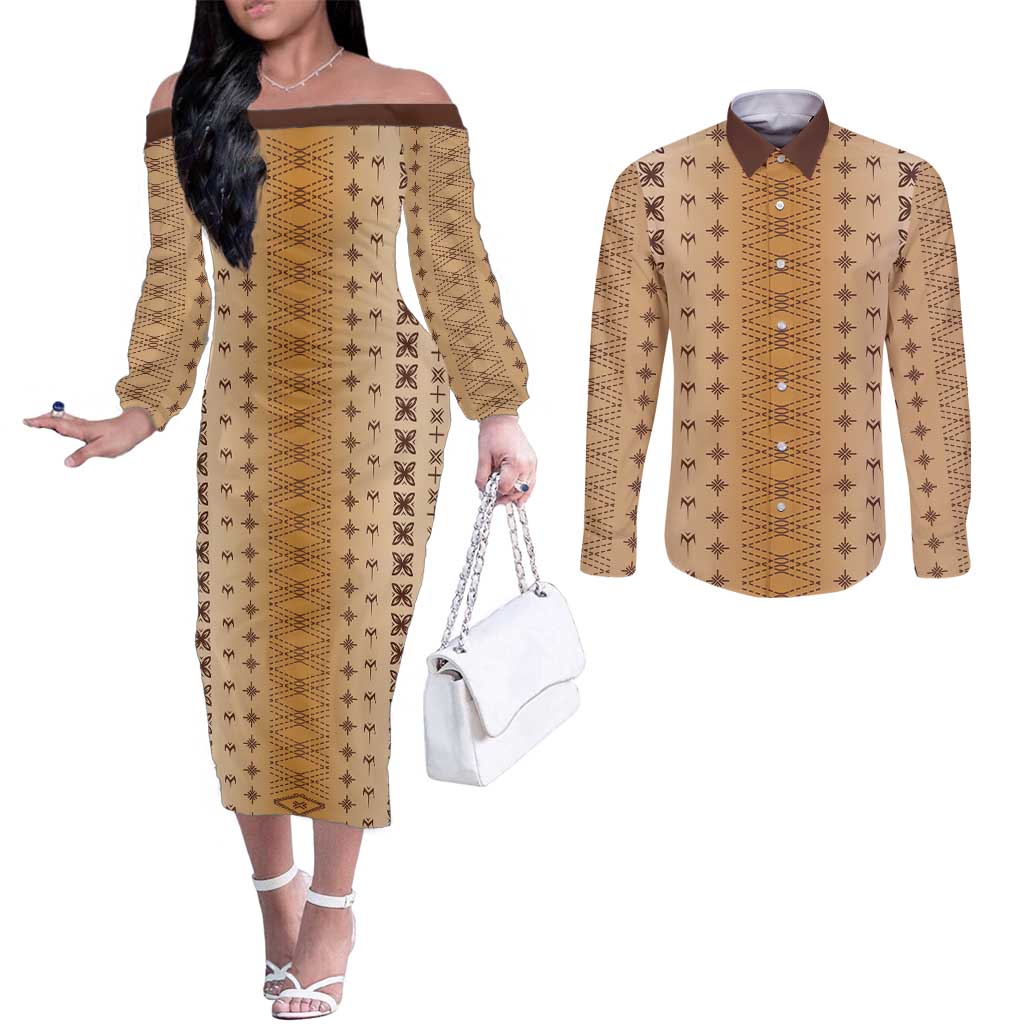 Beige Samoa Malu Tattoo Inspired Couples Matching Off The Shoulder Long Sleeve Dress and Long Sleeve Button Shirt LT05 Beige - Polynesian Pride