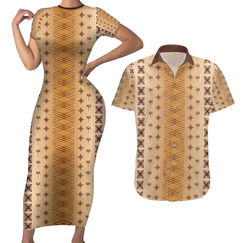 Beige Samoa Malu Tattoo Inspired Couples Matching Short Sleeve Bodycon Dress and Hawaiian Shirt - Polynesian Pride
