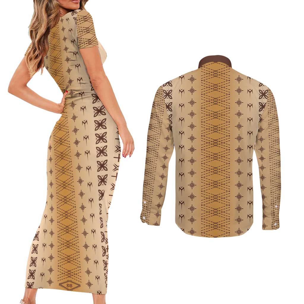 Beige Samoa Malu Tattoo Inspired Couples Matching Short Sleeve Bodycon Dress and Long Sleeve Button Shirt LT05 - Polynesian Pride