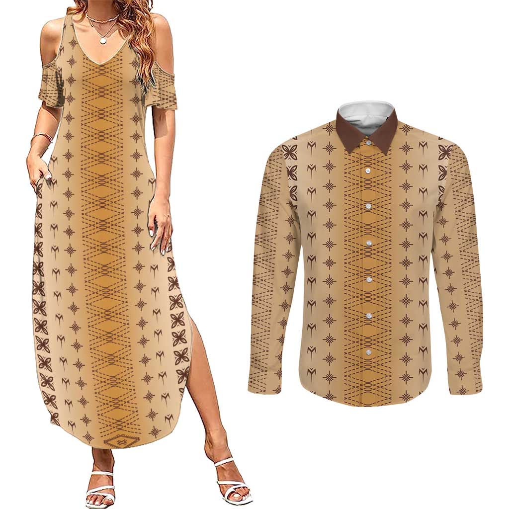 Beige Samoa Malu Tattoo Inspired Couples Matching Summer Maxi Dress and Long Sleeve Button Shirt LT05 Beige - Polynesian Pride
