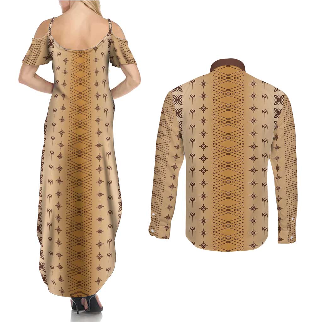 Beige Samoa Malu Tattoo Inspired Couples Matching Summer Maxi Dress and Long Sleeve Button Shirt LT05 - Polynesian Pride