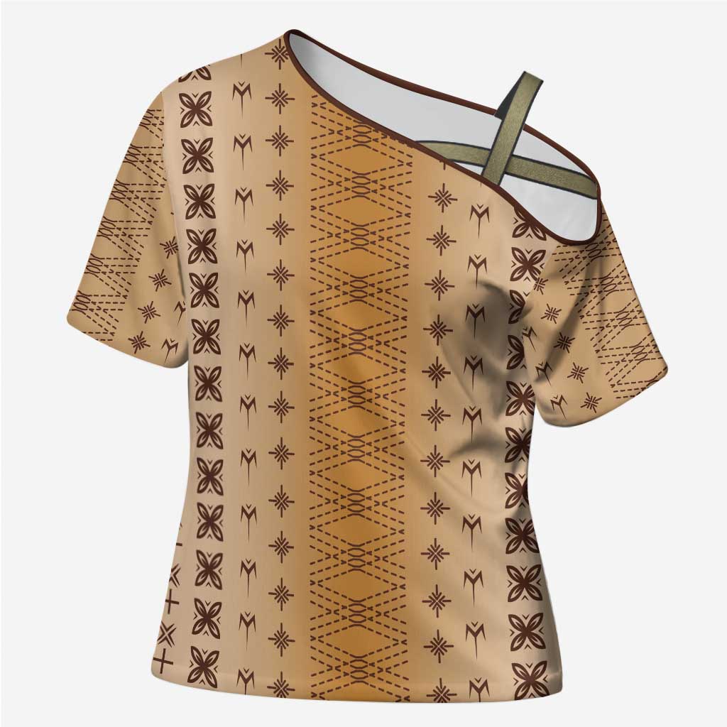Beige Samoa Malu Tattoo Inspired Cross Shoulder Shirt - Polynesian Pride