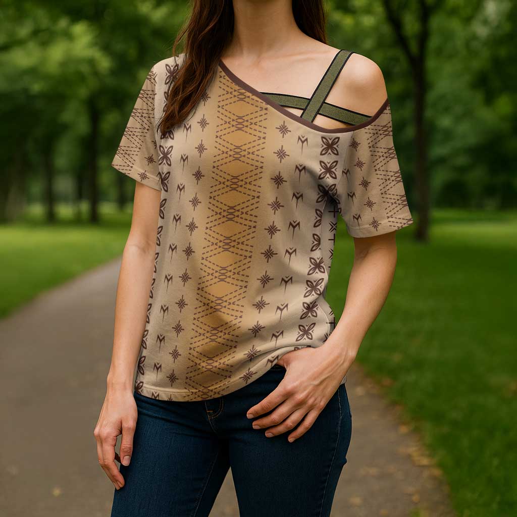 Beige Samoa Malu Tattoo Inspired Cross Shoulder Shirt - Polynesian Pride