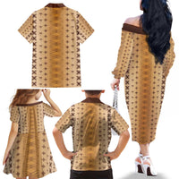 Beige Samoa Malu Tattoo Inspired Family Matching Off The Shoulder Long Sleeve Dress and Hawaiian Shirt - Polynesian Pride