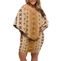 Beige Samoa Malu Tattoo Inspired Family Matching Off Shoulder Short Dress and Hawaiian Shirt - Polynesian Pride