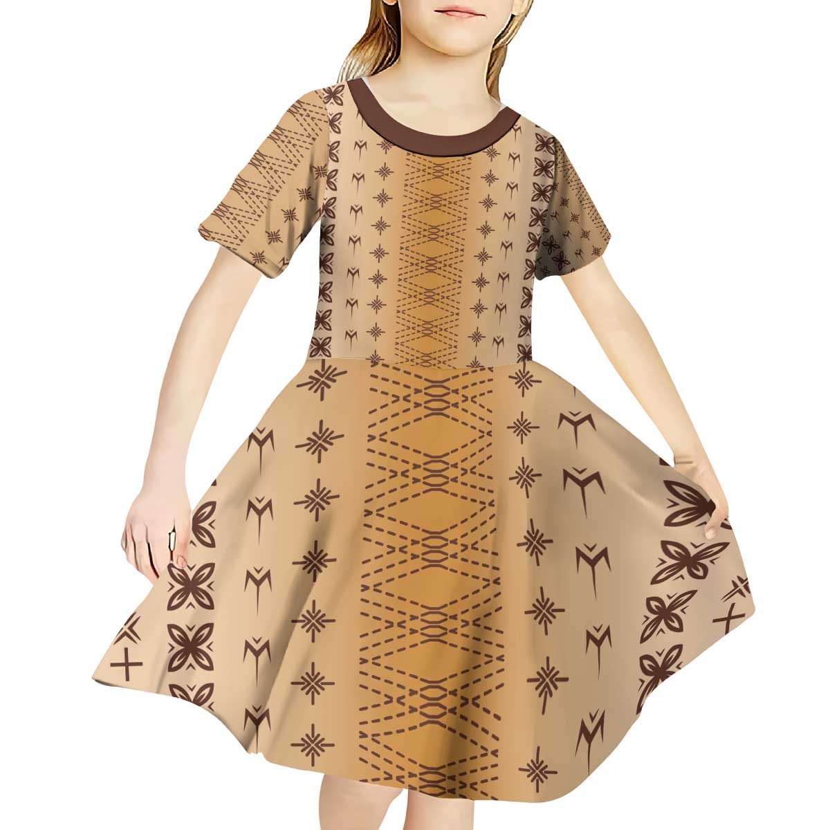 Beige Samoa Malu Tattoo Inspired Kid Short Sleeve Dress - Polynesian Pride
