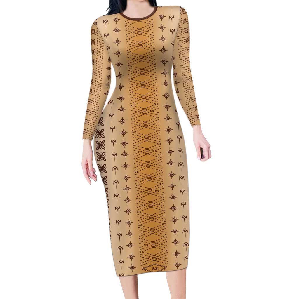 Beige Samoa Malu Tattoo Inspired Long Sleeve Bodycon Dress - Polynesian Pride