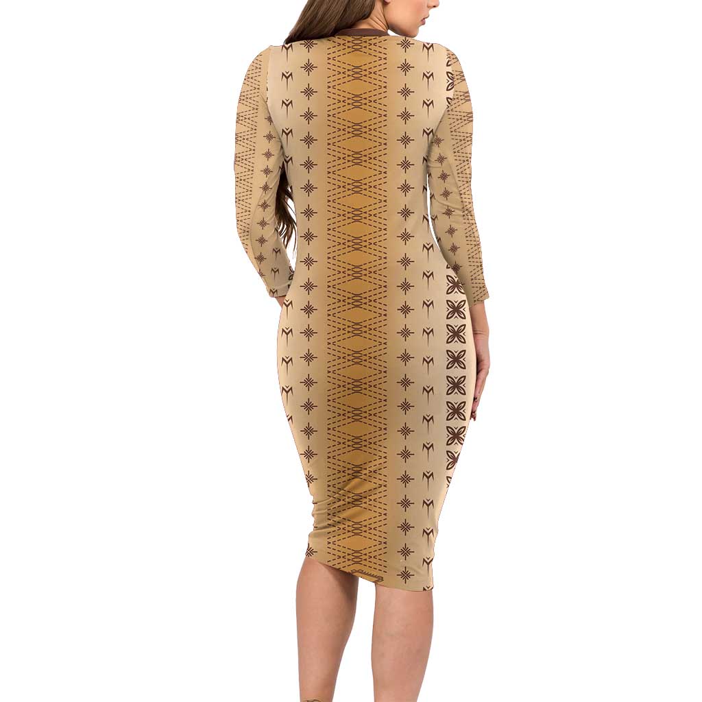 Beige Samoa Malu Tattoo Inspired Long Sleeve Bodycon Dress - Polynesian Pride