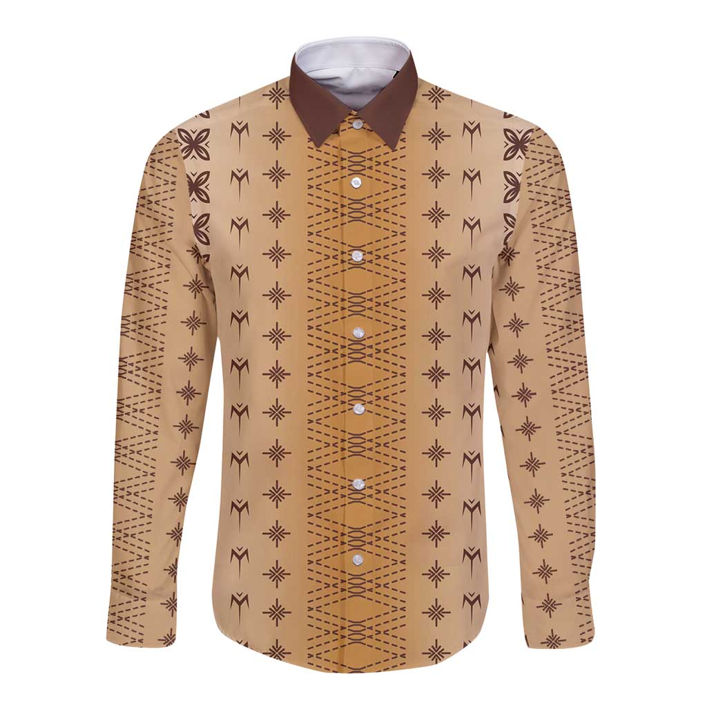 Beige Samoa Malu Tattoo Inspired Long Sleeve Button Shirt LT05 Unisex Beige - Polynesian Pride